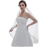 SAMKY 1T 1 Tier Embroided Floral Crystal Beaded Lace Edge Veil