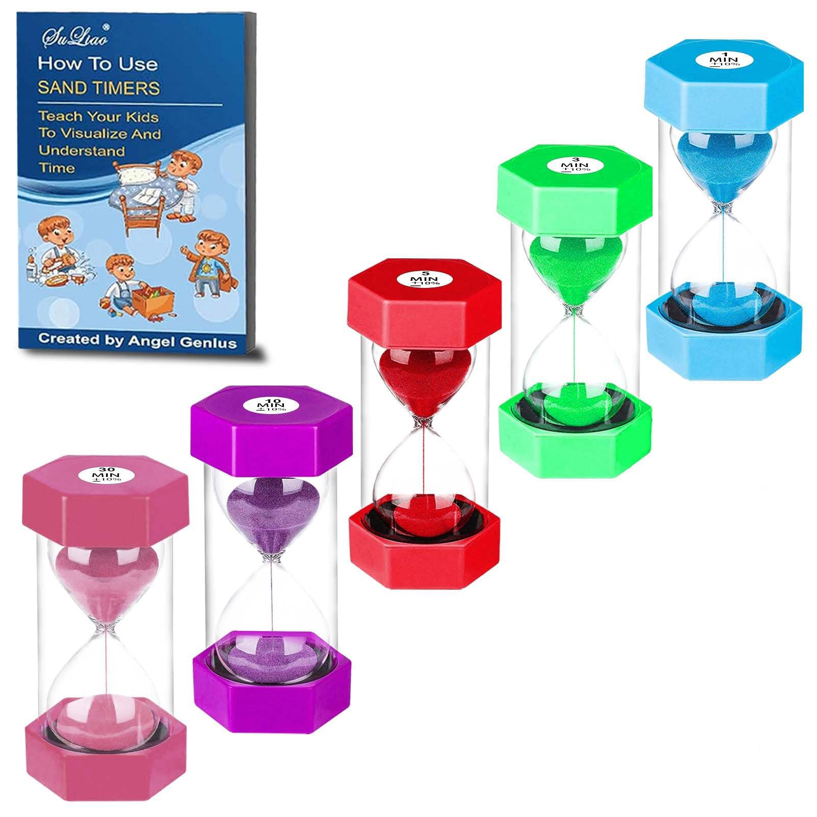 SuLiao Sand Timers 1/3/5/10/30 Minute, Plastic Hourglass Sand Timer for Kids, Colorful Large Hour Glass Sand Clock, Visual Sand Watch Sandglass Timer Set for Classroom Games Kitchen Office Desk