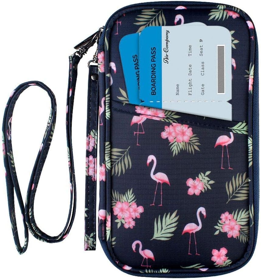  | RFID Blocking Passport Wallet, Family Travel Passport Holder Document Organizer Bag with Wrist & Neck Double Strap (Large RFID-Flamingo) | Passport Wallets