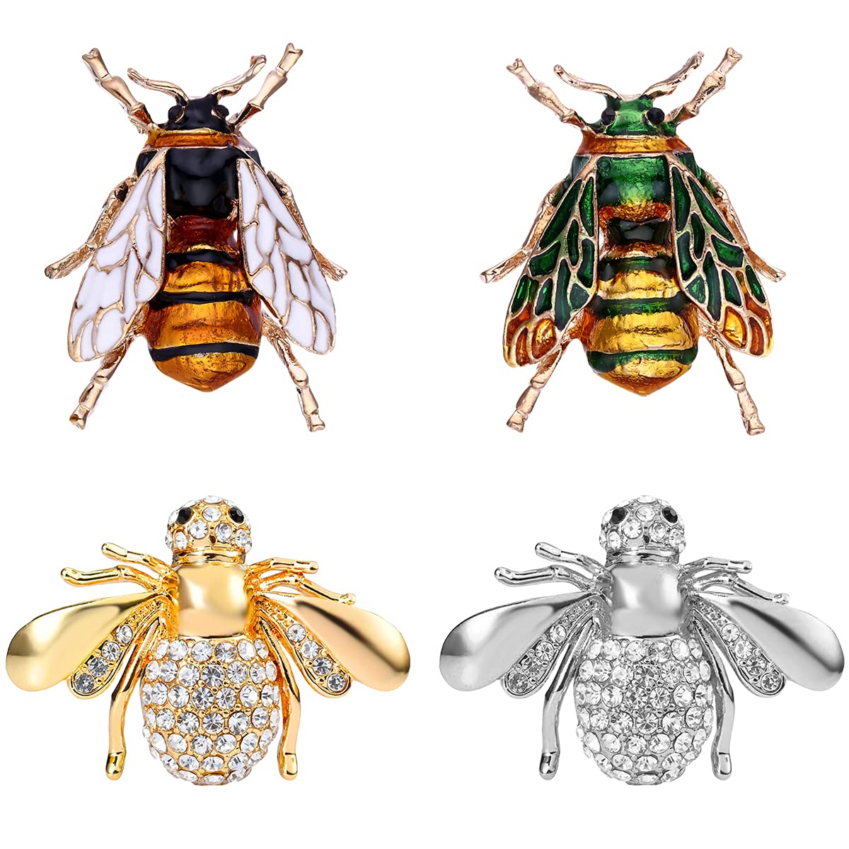Nifocc Bees Brooch Lapel Pins Crystal Insect Bee Brooch Vintage Brooch Pin for Men Women Dress Clothes Sweaters Coat Hats Decorative - 4 Pcs Gold Silver White Green