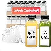 Reli. Plastic Juice Bottles (48 Pack, 12 oz) Square Plastic Juice Bottles with Caps & Sticker Labels | Clear, Empty for Juicing 12oz | Disposable, Smoothies