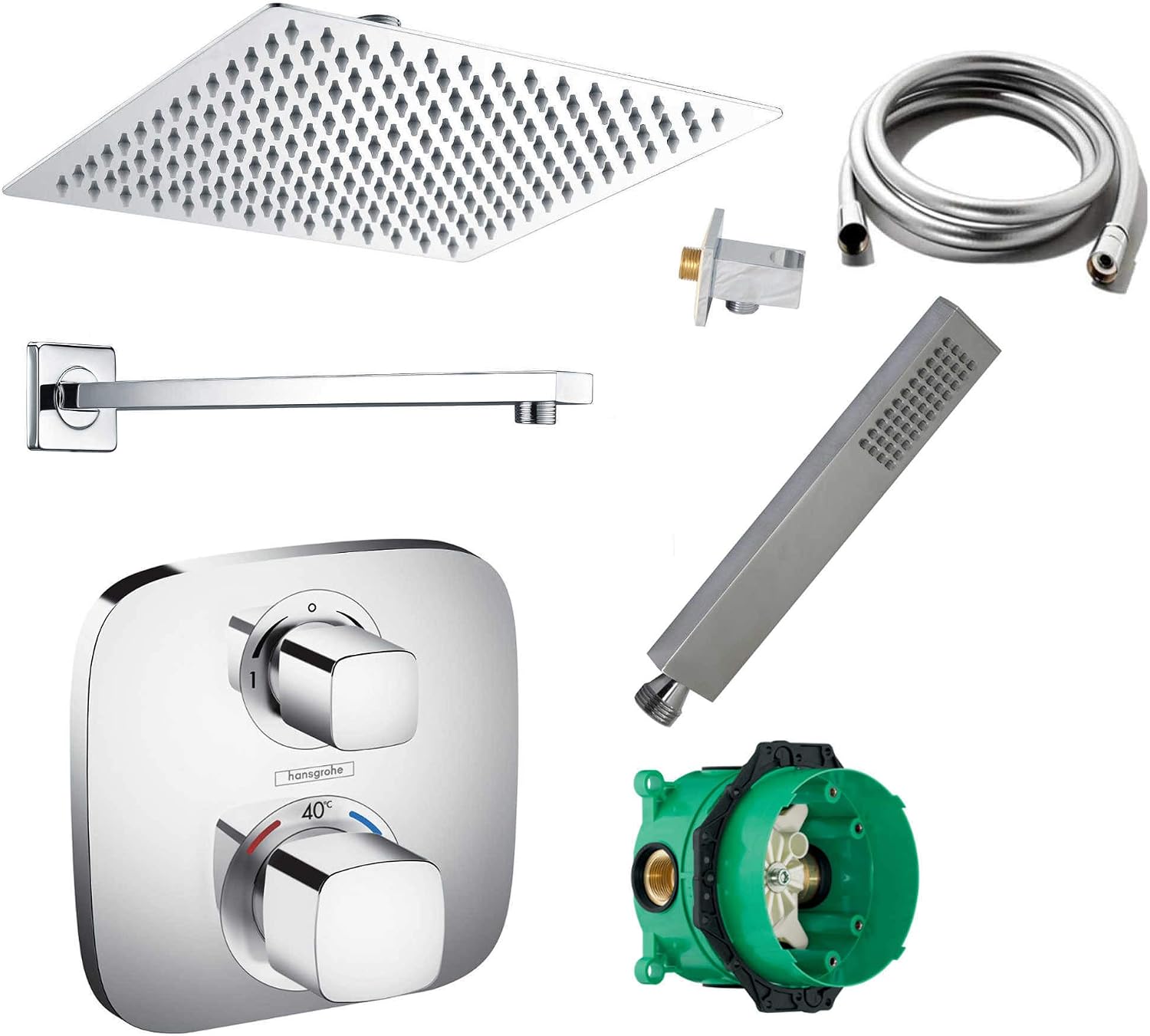 Vanvilla Duschset Mit Hansgrohe Ecostat E Thermostat – Unterputz Armatur & Eckiger Regenduschkopf (Set HG13)