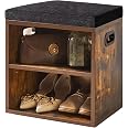 HOOTSMALL Wooden Shoe Storage Bench With Cushion – 2-Tier Rack, Walnut Brown & Black, 39.4" Long