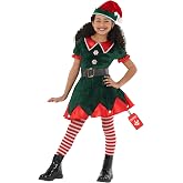 Morph Elf Costume for Girls, Girls Christmas Costume | Green Velour Dress, Striped Tights, Matching Buckle Belt Included, Perfect for Christmas, Fun for Dressing Up