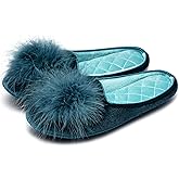 GRITHEIM Women's Fuzzy Pom Pom Velvet Memory Foam House Slippers Ladies Cozy Chenille Knit Bedroom Slippers Non-slip Sole Indoor Outdoor