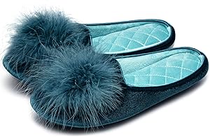 GRITHEIM Women's Fuzzy Pom Pom Velvet Memory Foam House Slippers Ladies Cozy Chenille Knit Bedroom Slippers Non-slip Sole Indoor Outdoor