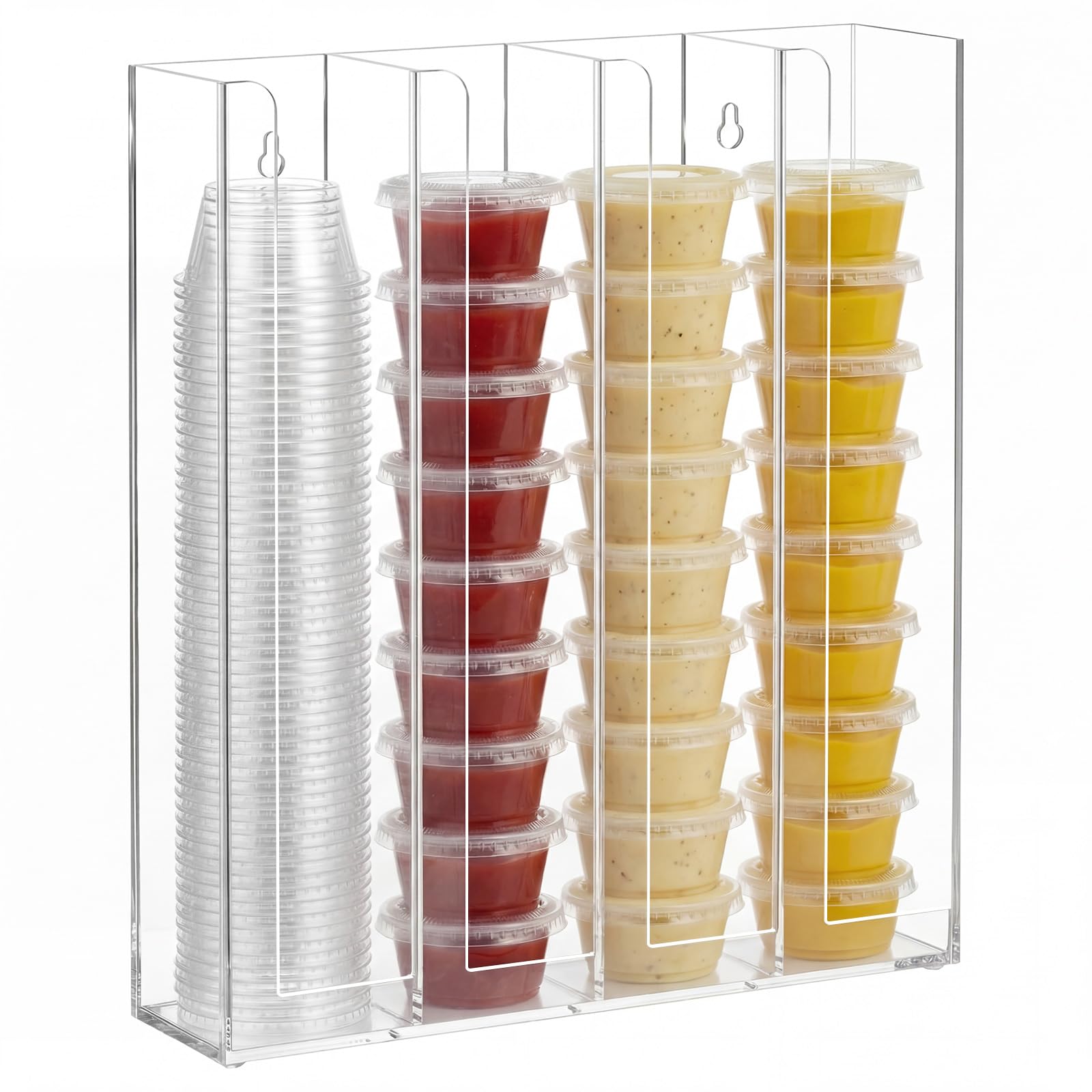 Photo 1 of Sliner Acrylic Wall Mount Portion Sauce Cup Lid Organizer, 4 Compartment Clear Disposable Cup Holder for Storage in Restaurant, Kitchen, Cafes, Include Screws and Anti-slip Pads, Fit 1/1.5/2 oz Cups