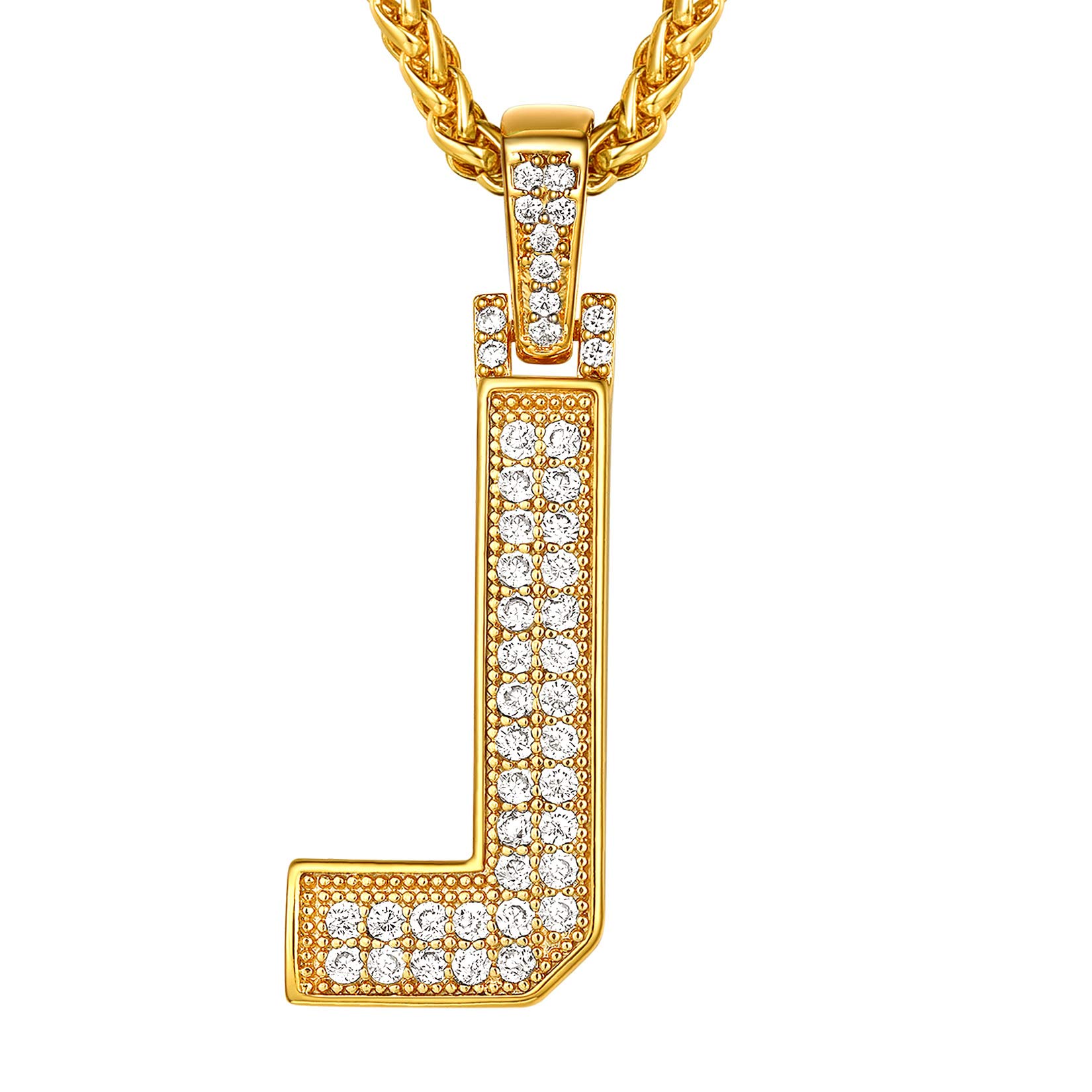 Suplight Custom Name Pendant, J Necklace, Mens Womens Capital Initial Letter Pendant Necklace, Bling Jewelry Necklace, Gold Plated Simulated Diamond Necklace for Men