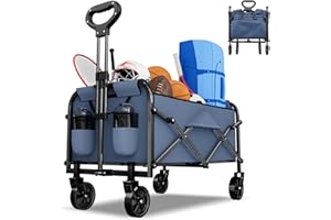 NLDD Foldable Wagon Cart with Wheels Collapsible - 300 LBS Large-Capacity Heavy Duty Folding Utility Cart for Garden Lounge Sports Groceries Camping Shopping - Dark Blue