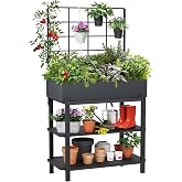 FOYUEE Metal Raised Garden Bed with Trellis &amp; Legs | 2-tier shelf, 3 flower pots, 36" tall no-bend, rust-resistant,for patio,balcony,vegetables,herbs,climbing plants