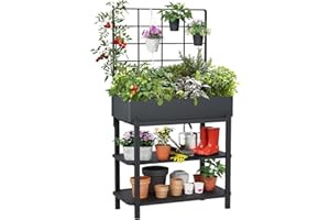 FOYUEE Metal Raised Garden Bed with Trellis, Elevated Planter Box with Legs for Outdoor Patio, Iron Standing Garden Box for Vegetables, Herbs, Flowers, Climbing Plants
