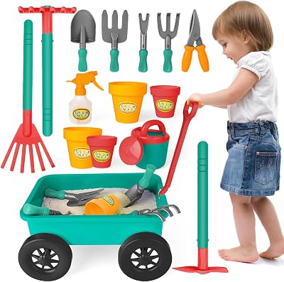deAO Children's Gardening Sets Toddler Tools 3 12 Kids Wheelbarrow Wagon Green