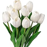 VaryFloral 10Pcs White Fake Tulips Faux Tulips with Stems Artificial Flowers for Decoration White Fake Flowers Spring Bouquet for Home Decor Wedding Bridal Party