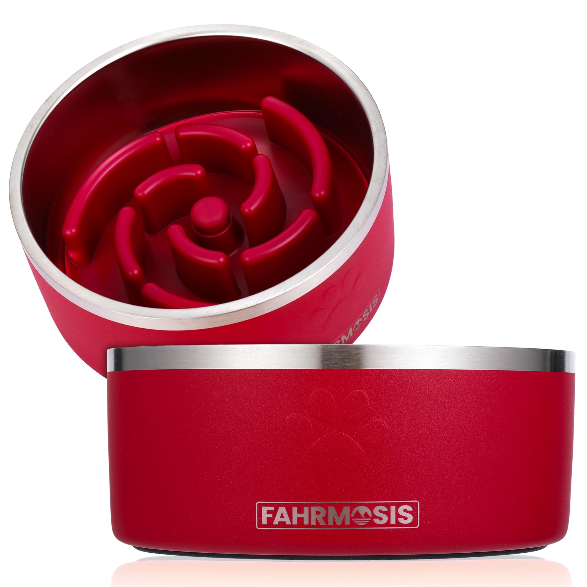 Photo 1 of FAHRMOSIS 64 OZ Dog Bowl with Slow Feeder Insert Stainless Steel Pet Water Bowl for Medium & Large Breed Non Slip Rubber Base & Plastic Puzzle Feeder - Red