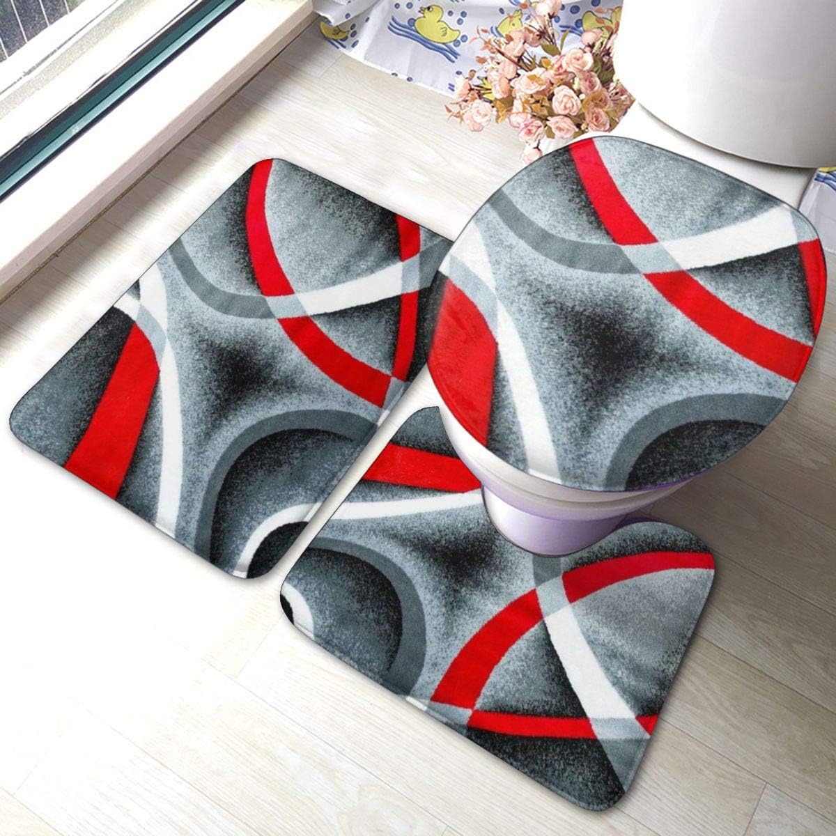 Amazon Com Houyan Gray Black Red White Swirls Bathroom Rugs Bath Mats Soft Anti Slip 3 Pcs Mats Set U Shaped Toilet Mat Lid Cover Absorbent Bath Rugs Home Kitchen