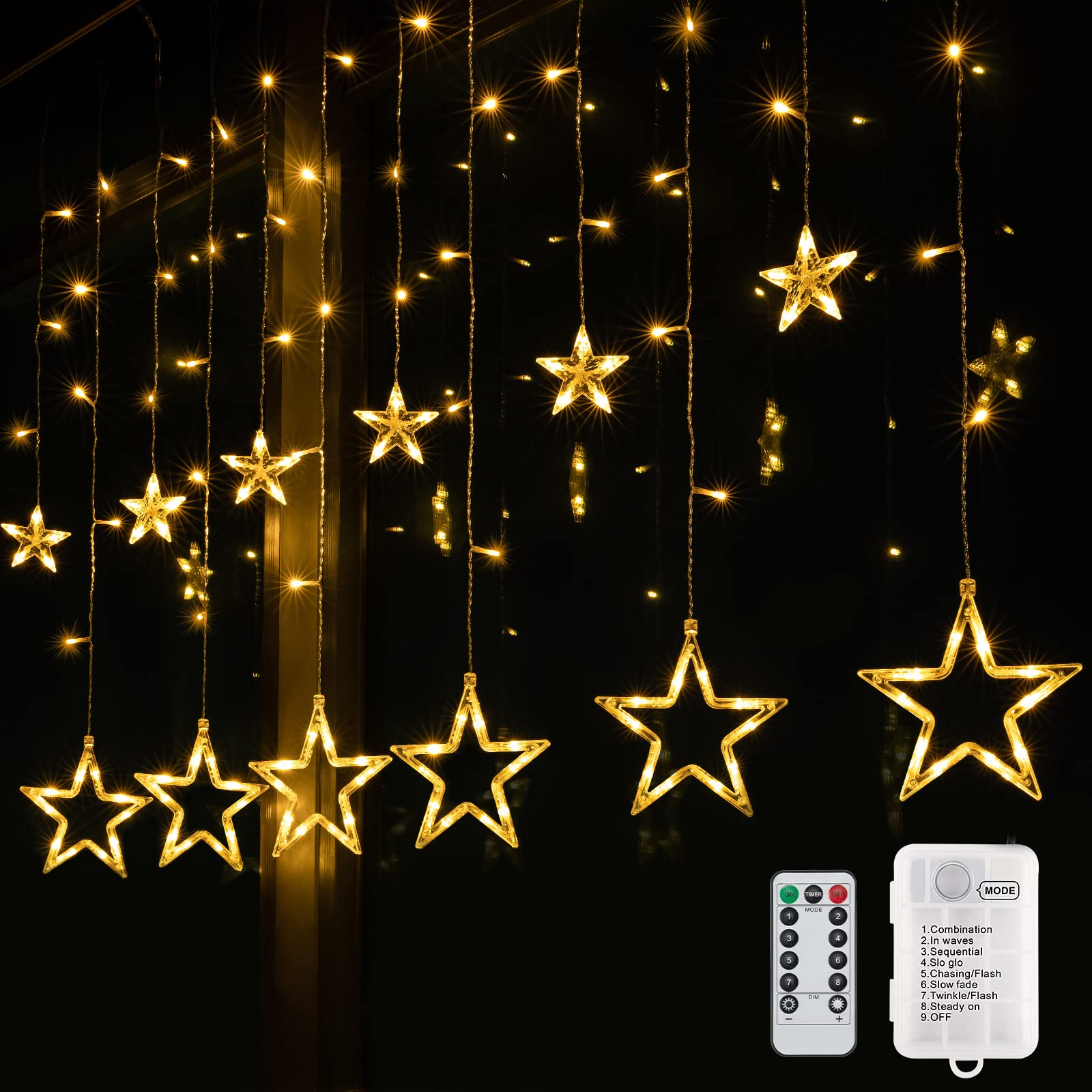 BLOOMWIN Christmas Window Lights 2m x 1m 138 LEDs 12 Stars Curtain Fairy Light Xmas Decoration for Indoor Party Bedroom(Warm White/Battery Operated)