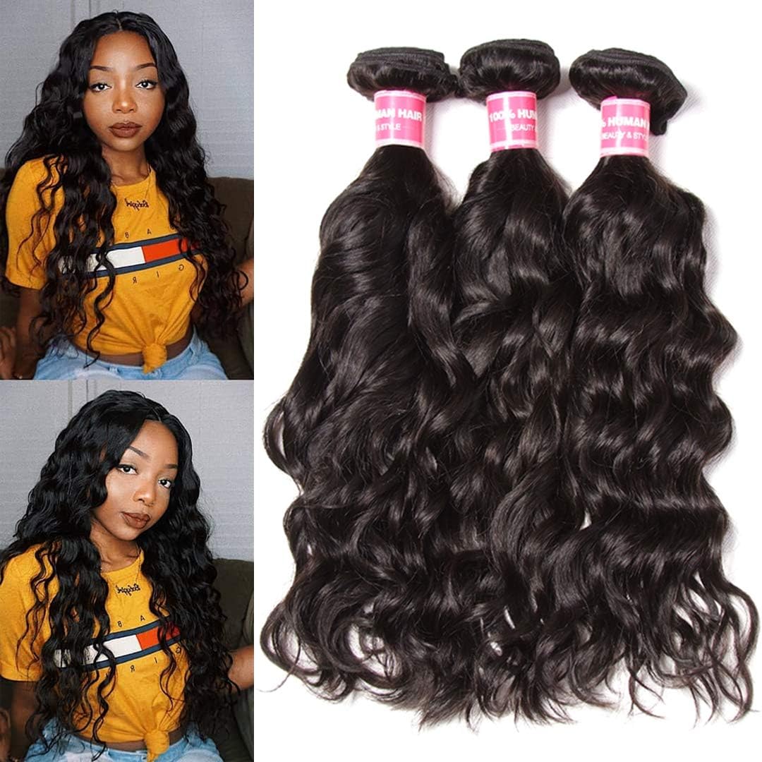 Donmily 10A Remy Brazilian Natural Wave Hair 3 Bundles 100% Unprocessed Brazilian Virgin Human Hair Weft Cheap Wavy Hair Weave Natural Color (8 10 12)
