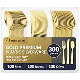 300 Pack Gold Plastic Silverware Heavy Duty,100 Forks 100 Spoons 100 Knives | BPA-Free, Heat Resistant, Heavy Duty, Disposable Cutlery Dinnerware Utensils Wedding, Baby Shower, Dinner