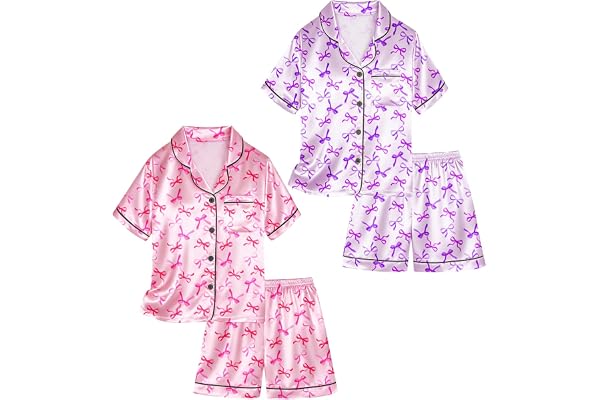Vopawetty Satin Pajamas for Girls, 4-Piece Short Sleeve Button Down Silky PJ Set