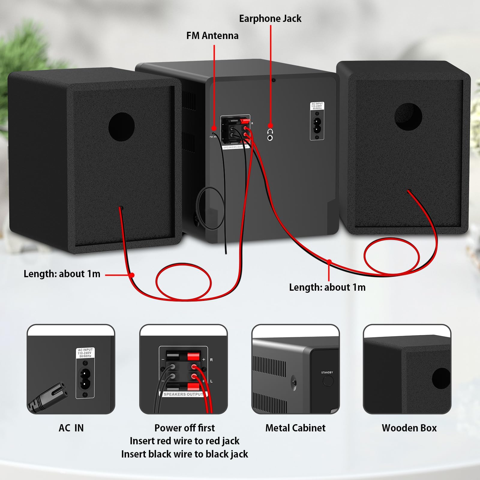 Home Stereo System with CD Player, FM Radio, Bluetooth, AUX in, USB in, Earphone Jack, Remote Control Included, 30W HiFi Shelf Stereo System