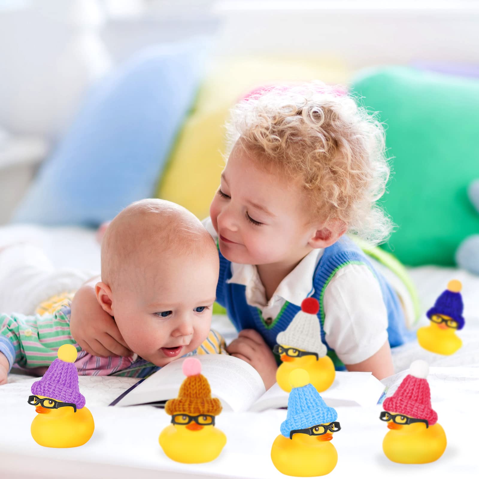 Chivao 12 Pcs Mini Rubber Ducks with Sunglasses/ Glasses and Hats/ Necklace, Cruise Rubber Ducks in Bulk Valentine Gift Small Bathtub Toy for Hiding Party Favor(Funny Style,Yellow)