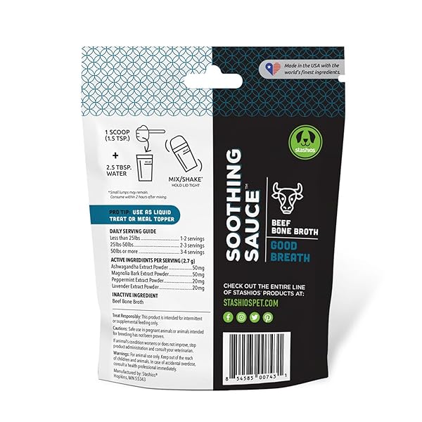 STASHIOS SOOTHING SAUCE BEEF BONE BROTH GOOD BREATH POWDER SUPPLEMENT FOR DOGS, ALL NATURAL ANXIETY RELIEF, MADE IN THE USA, 3 OZ