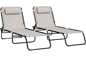 Outsunny Folding Chaise Lounge Chair Set of 2, Patio Sun Tanning Chair, Outdoor Chaise Lounger with 4-Position Reclining Back, Breathable Mesh Seat for Beach, Poolside, Cream
