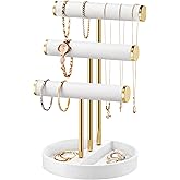 bussdis Bracelet Holder Jewelry Organizer Display - 3 Tier T Bar Velvet Stand, White Necklace Holder Organizer, Bracelet Holder, Earring Holder and Ring Display for Jewelry Organizers and Storage