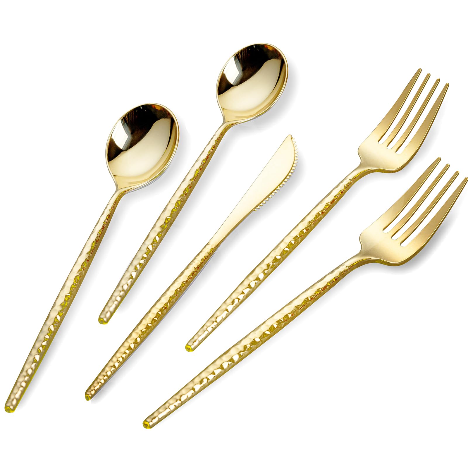 Photo 1 of SUT 150 PCS Gold Plastic Silverware, Gold Disponsable Utensils, Plastic Silverware Heavy Duty, Includes 50 Knives, Forks and Spoons, Hammered Disponsable Cutlery for Wedding, Birthday, Party