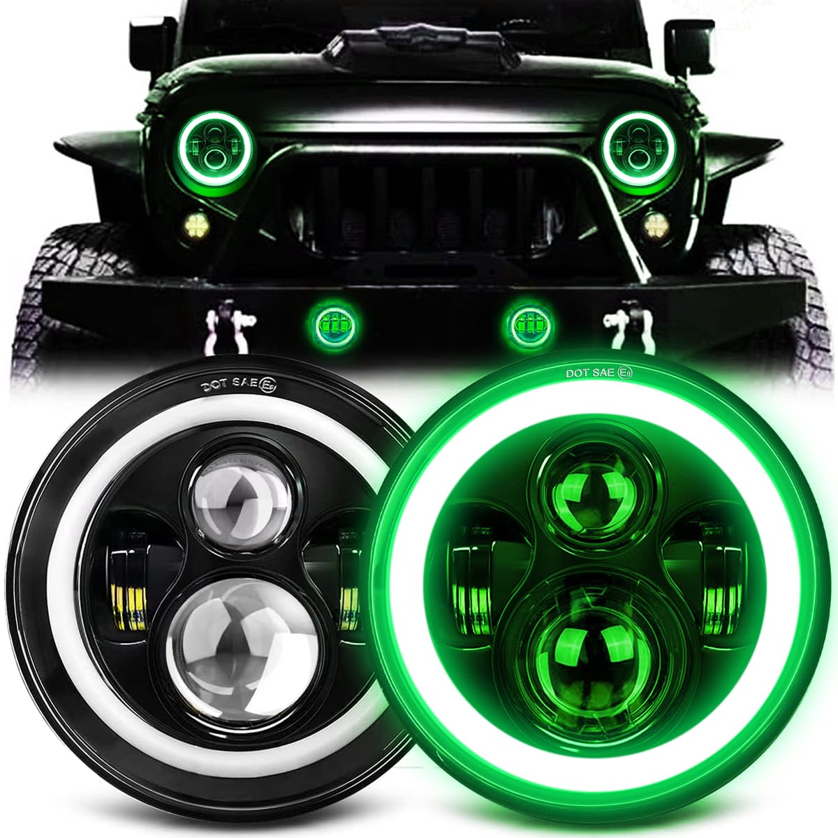 Photo 1 of MGLLIGHT 7 Inch Halo LED Headlight with Green DRL Amber Turn Signal Light DOT Approved 7 inch led headlight Compatible with Wrangler Halo Headlights JK TJ LJ CJ, Green Halo