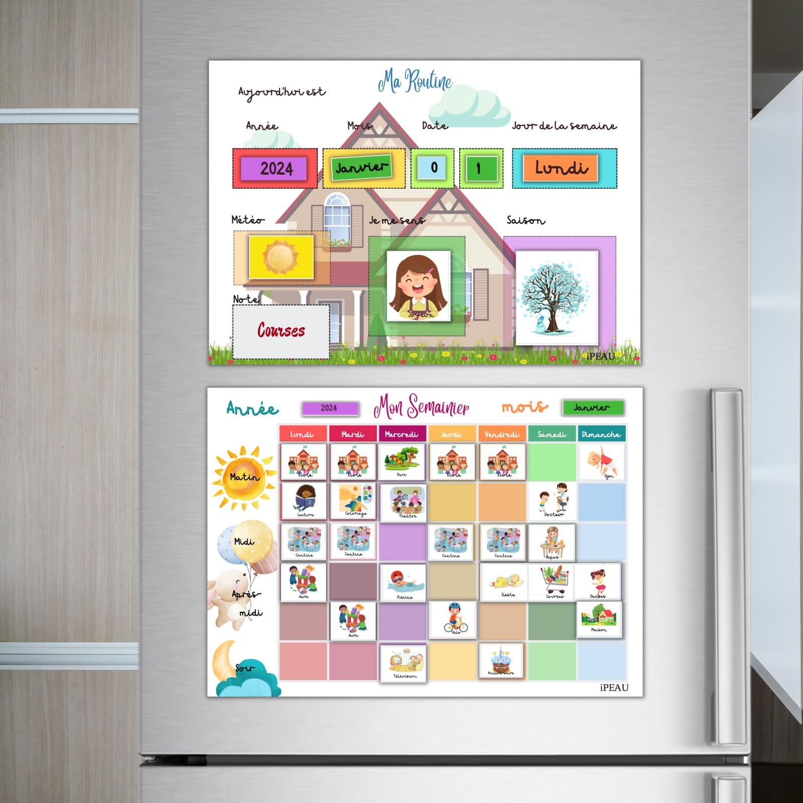 iPEAU Montessori Educational Calendar Daily Activities Routine for Children 3-8 Years Weekly Planner 114 Magnets Visual Timetable writable Erasable Autonomy Playful Organization (English)