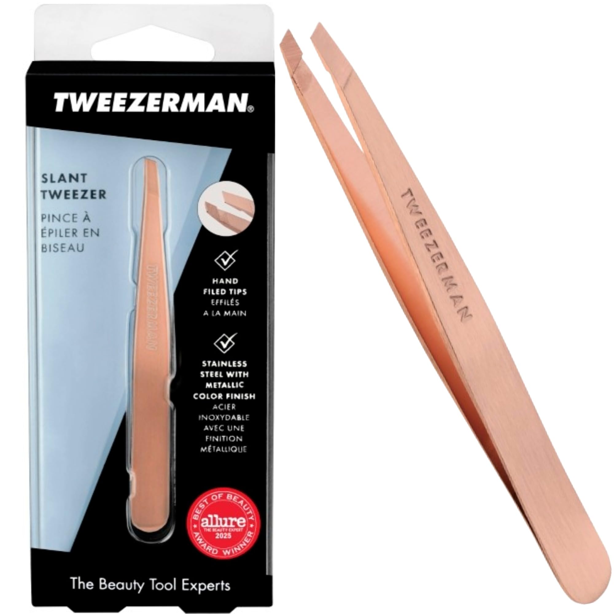 Tweezerman Rose Gold Slant Tweezer, Professional Stainless Steel Precision Tweezers for Facial Hair and Eyebrows, (Pack of 1)