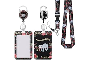 INSFASHBLE ID Badge Holder with Lanyard, Badge Lanyards for Women with Retractable Badge Reel Clip, Keychain with Id Holder, Flower and Sloth Black ID Badge Holder Lanyards for Nurse Teacher Offfice Gifts