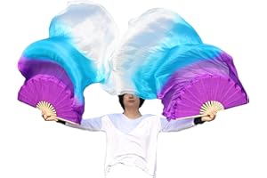 Winged Sirenny Pairs Worship Praise Fan Flag Streamers, Adjustable Colorful Belly Dance Silk Fan Veil 59" (150 cm) (purple-turquoise-white)