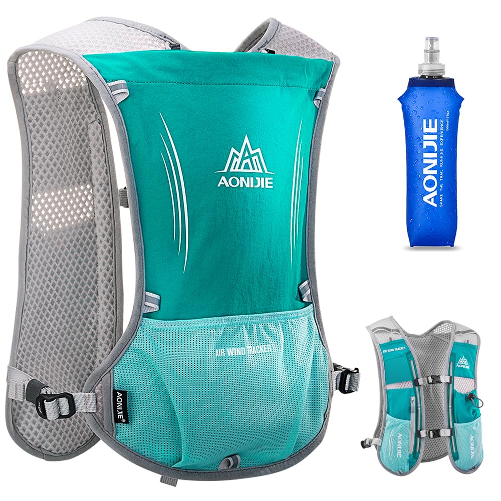 HINATAA Lightweight Running Hydration Backpack, 5L 190g Running Hydration Vest for Women and Men Cycling Running Climbing Hiking Vest Pack (Green with 500ML water bottle)