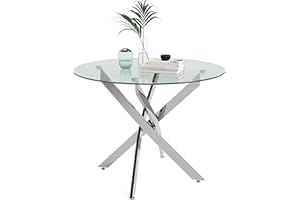 NIERN Round Tempered Glass Dining Table for 2-4 with Chromed Legs, 35.5 in Modern Small Kitchen Table for Kitchen Dining Room (White/Silver)