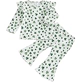 Toddler St Patricks Day Baby Girl Outfit Clover Print Ruffle Long Sleeve Knit Shirt Top Flare Pants Set 2PCS Clothes