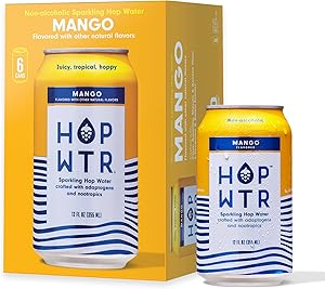HOPWTR Mango Sparkling Hop Water, Non Alcoholic Beer Alternative Drink with Adaptogens, Nootropics & Vitamin C, Zero Sugar, Z