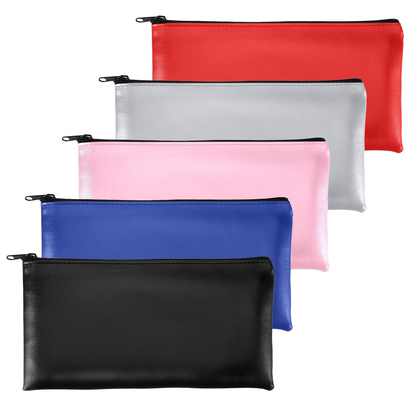 OEEYYT 5 Pack Money Bags, Leather Zip Money Coin Cash Pouch, Security Durable Money Bags for Banking, for Business, Home, School, Cosmetics (Black, Blue, Red, Light Grey, Pink)