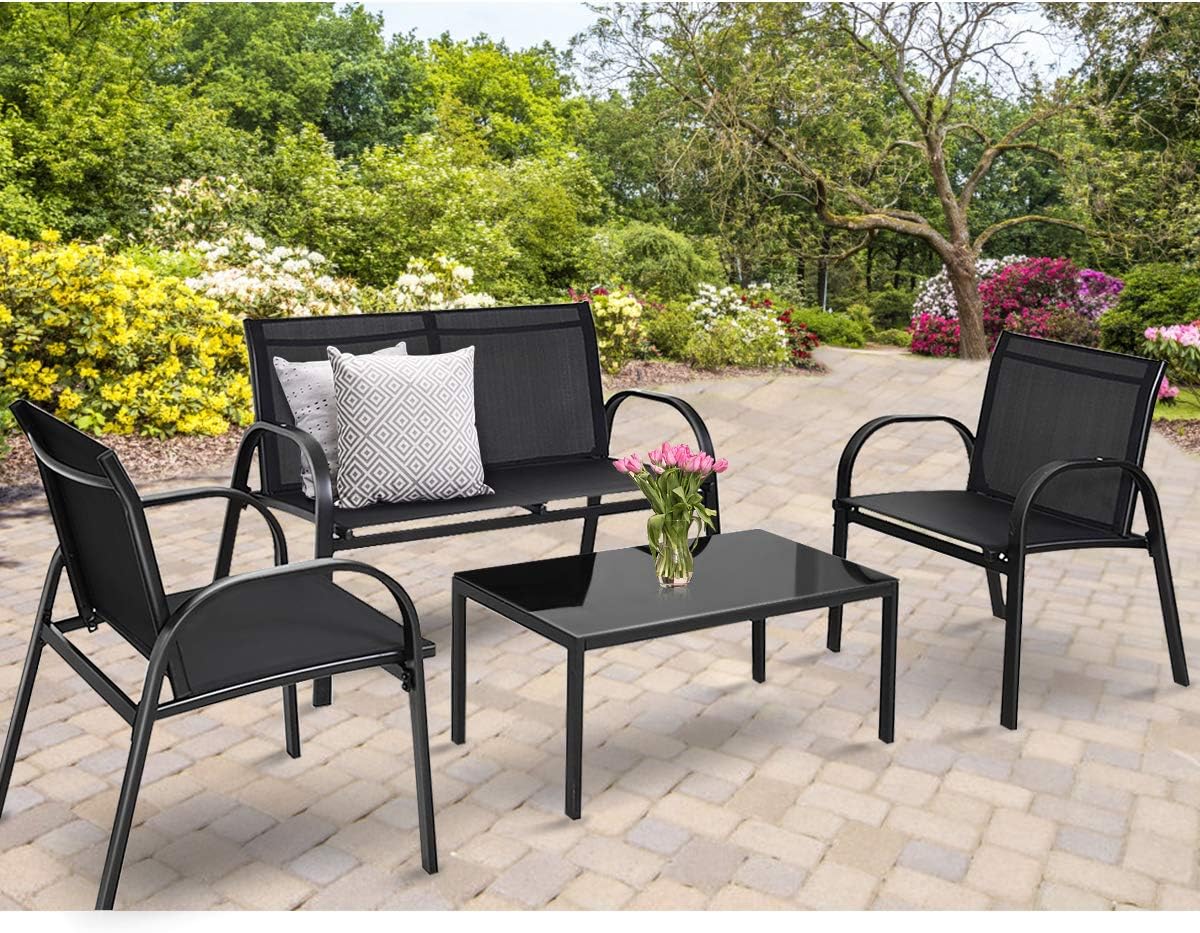 Amazon Com Happygrill 4pcs Patio Furniture Set Outdoor Garden Lawn Conversation Set Tea Coffee Table And Chairs With Smooth Armrest Garden Outdoor
