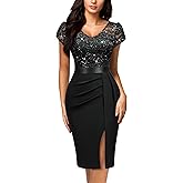 Miusol Women's Classy V-Neck Glitter Sequin Lace Cap Sleeve Cocktail Party Dress