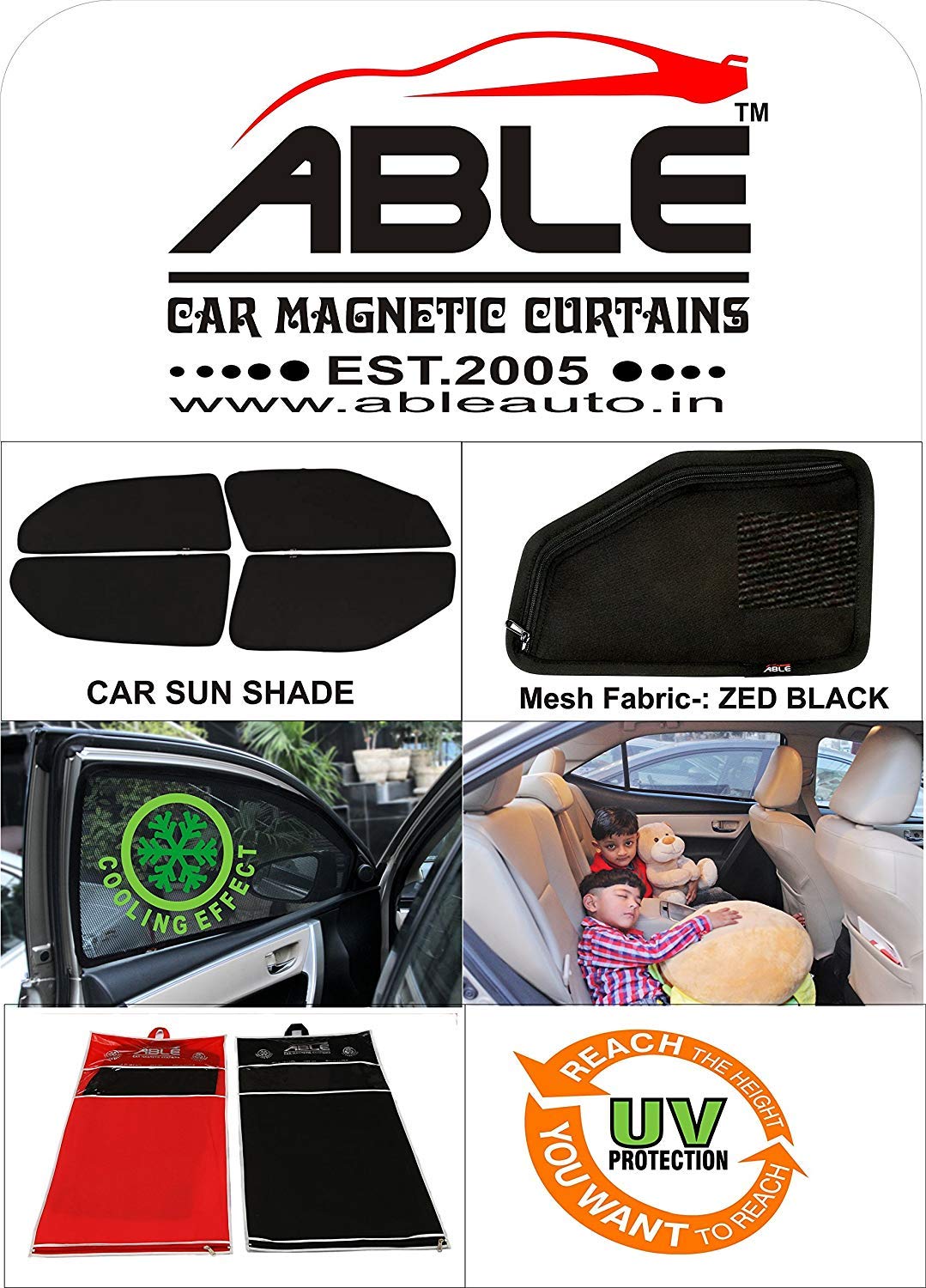 Able Zed Full Black Car Magnetic Sun Shade Curtains For Maruti