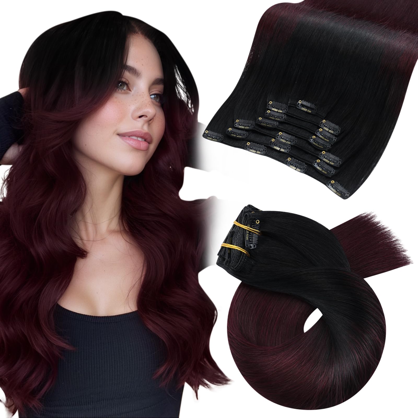 Moresoo Clip in Hair Extensions Remy Human Hair Balayage Black to Wine Red Human Hair Clip in Extensions Full Head Long 24 Inch 7 Pieces/120g #1B/99J — image 1