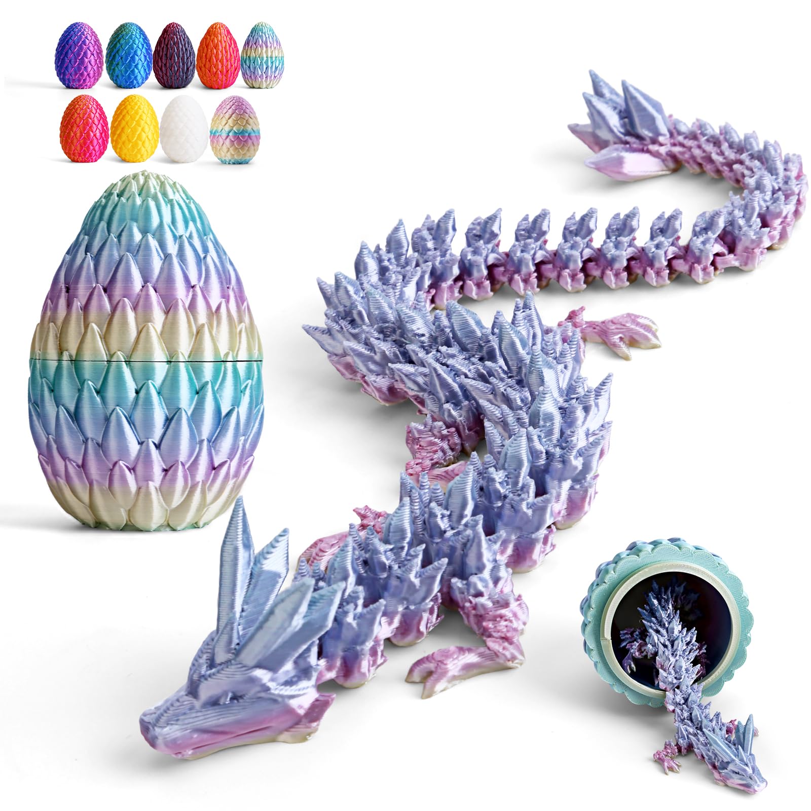 Cessfle 12" Prefilled Easter Eggs with 3D Printed Dragons Inside, 3D Printer Articulated Crystal Fidget Toy,Easter Basket Stuffers for 5-7 4-6 8-12 Year Old Boys Kid Teen Girls Adult