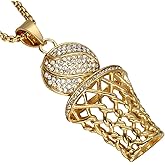 SINLEO Men's Hiphop Iced Out Diamond Mini Basketball Rim Pendant Stainless Steel Necklace Chain