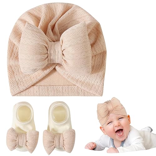 Kunyeah Newborn Baby Girls Hat Knitted Socks Set Infant Beanie Cap Baby Hospital Hats Toddler Soft Warm Cap for 0-12 Months (UK, Alpha, One Size, Beige)
