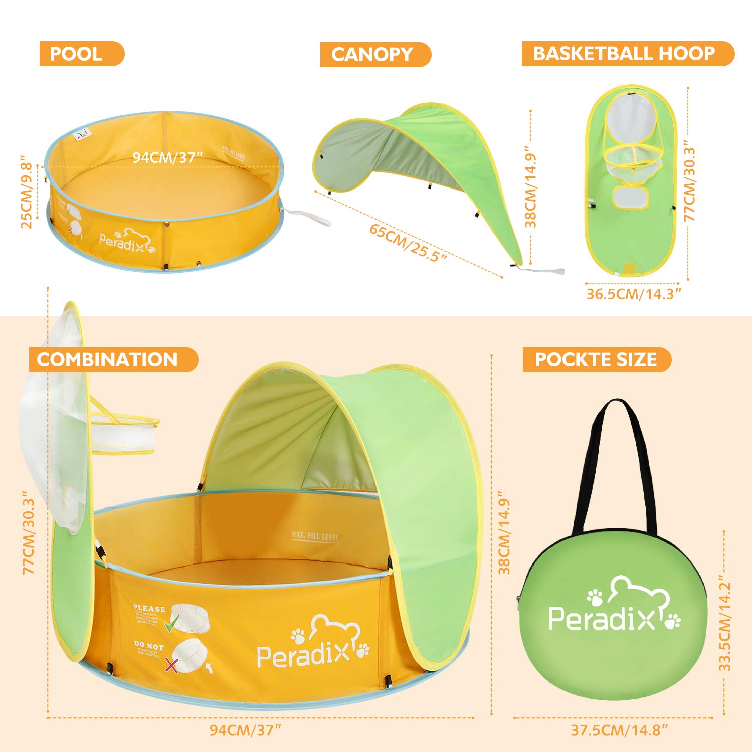 Peradix Kids Ball Pit Play Tent / Water Swim Pool 2 in 1 , Toddler Pop Up Tent With Basketball Hoop and Zippered Storage Bag For Baby/Children Indoor / Outdoor/Garden