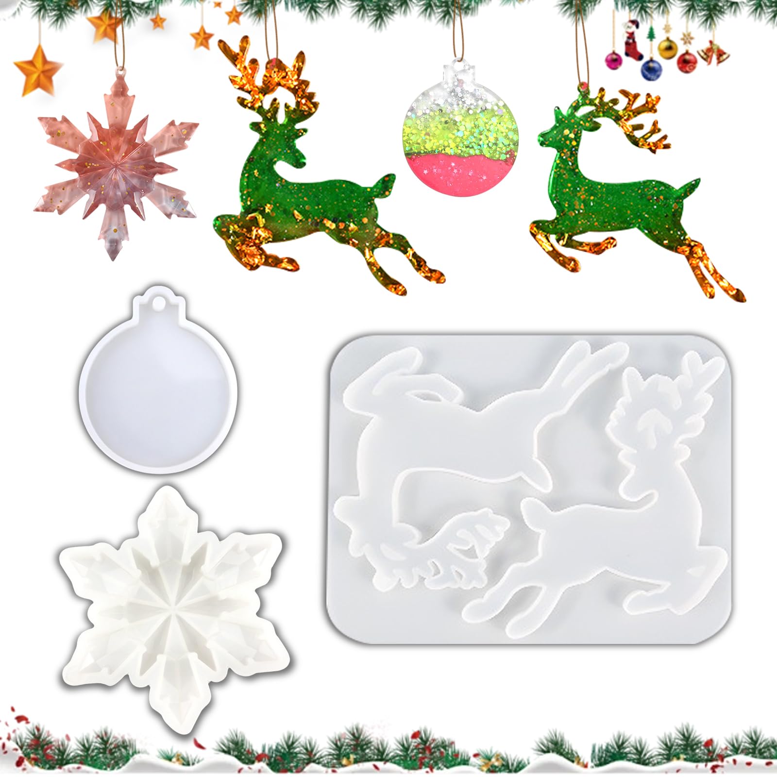 BSITSSS Elk Shape Christmas Resin Moulds, Snowflake Silicone Mold, Resin Christmas Moulds with Hanging Hole, Funny Resin Moulds Christmas, Resin Molds Silicone for DIY Xmas Pendant Home Decoration