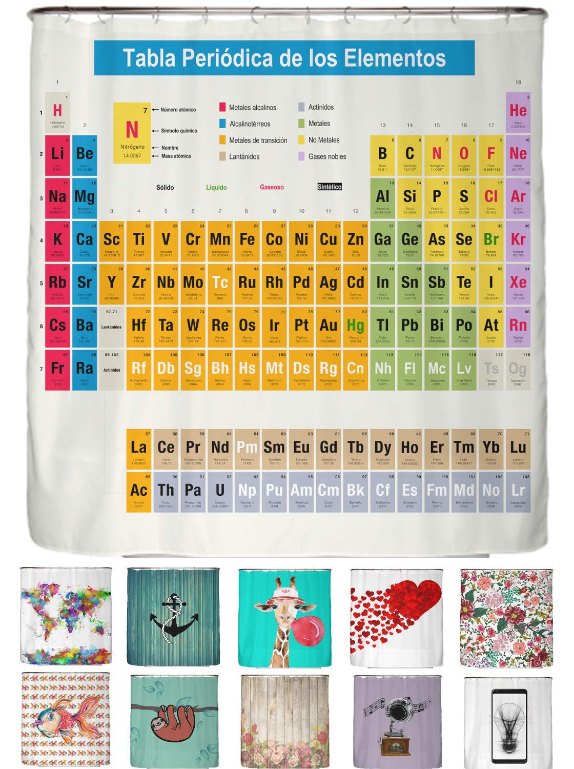 arteneur® - Periodic table Spain - Shower Curtain 180 x 200cm - Mould Resistant Fabric, Weighted Hem, Opaque, Waterproof, Washable incl. 12 hooks — image 1
