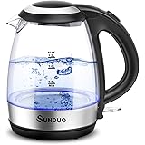 SUNDUO Electric Kettle 1.2L, 1500W Fast Heating LED Light Glass Electric Tea Kettle, Cordless BPA Free Hot Water Boiler, Auto